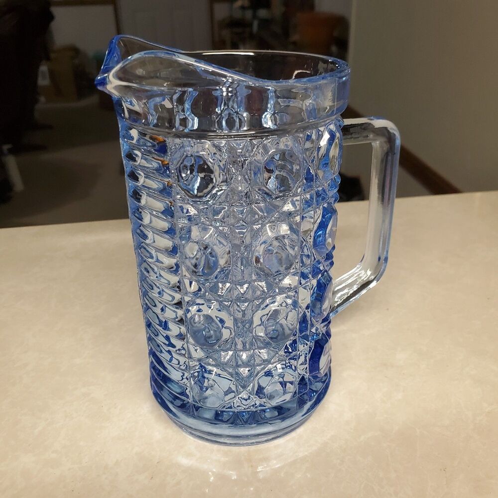 Vintage Federal Glass Windsor Blue Pitcher in the Button and Cane Pattern Pint